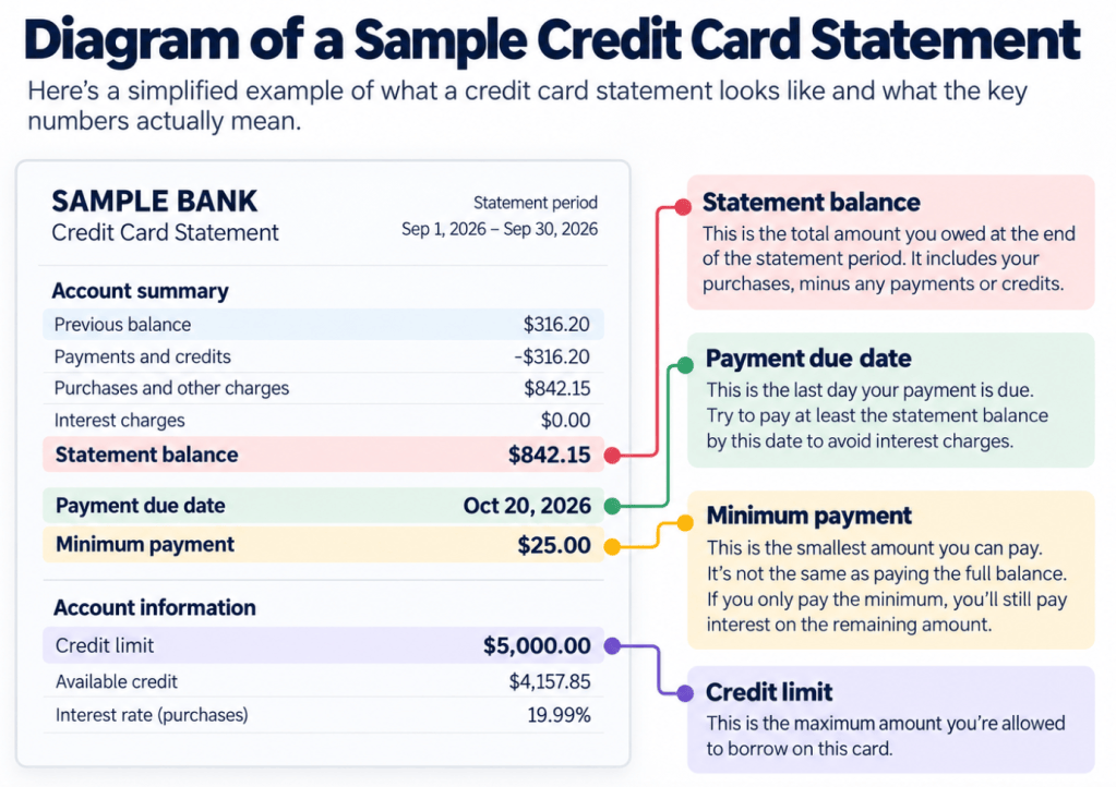 Sample credit card statement showing balance, due date, minimum payment and credit limit